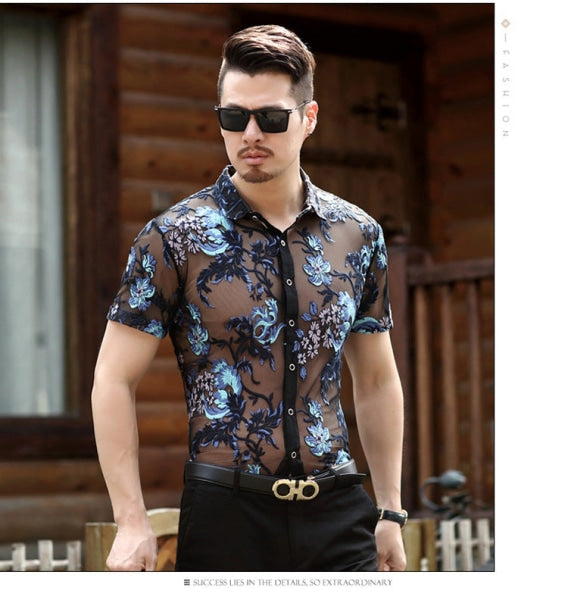 2022 New Embroidered Mens Sheer Shirts Sexy Lace Mesh Club Party Prom 4Xl