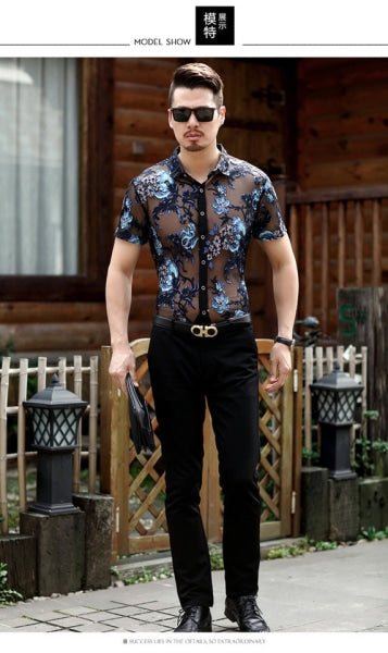 2022 New Embroidered Mens Sheer Shirts Sexy Lace Mesh Club Party Prom 4Xl