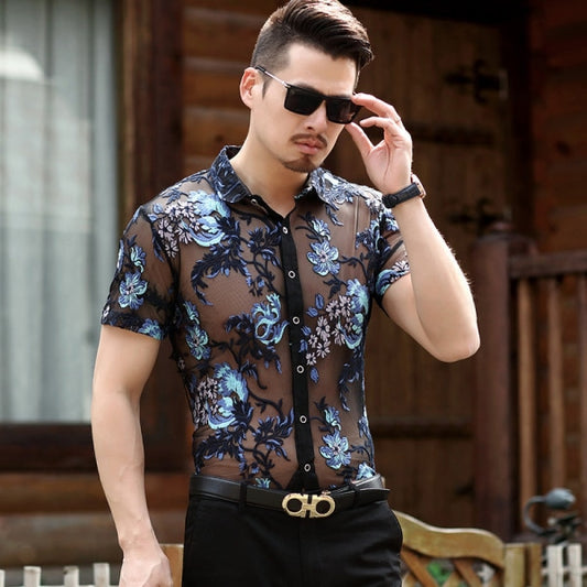 2022 New Embroidered Mens Sheer Shirts Sexy Lace Mesh Club Party Prom 4Xl