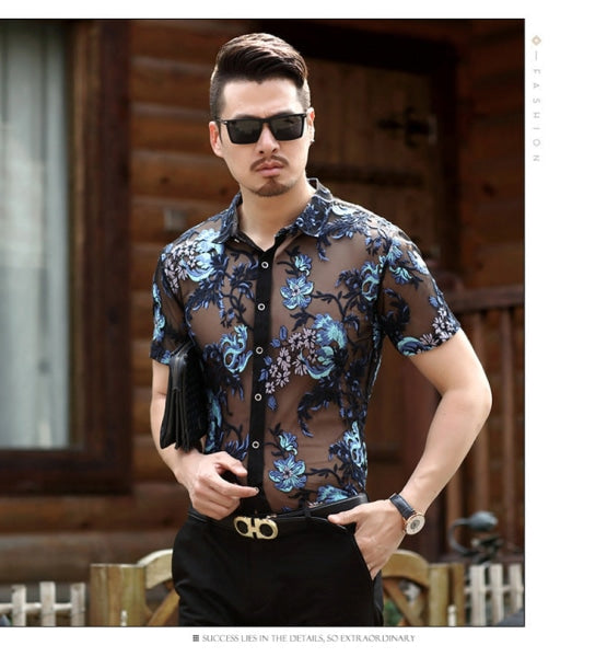 2022 New Embroidered Mens Sheer Shirts Sexy Lace Mesh Club Party Prom 4Xl