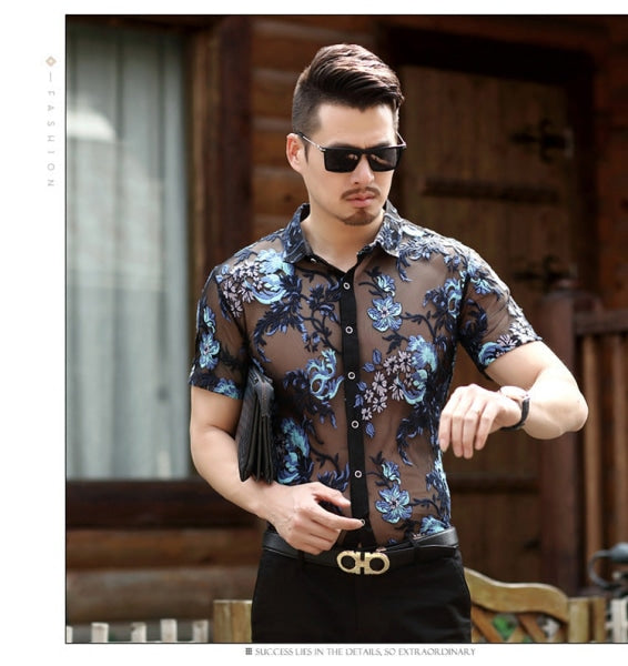 2022 New Embroidered Mens Sheer Shirts Sexy Lace Mesh Club Party Prom 4Xl