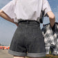 FTLZZ New Summer Women High Waist Button Wigh Leg Jeans Shorts Casual Female Loose Fit Blue Denim Shorts