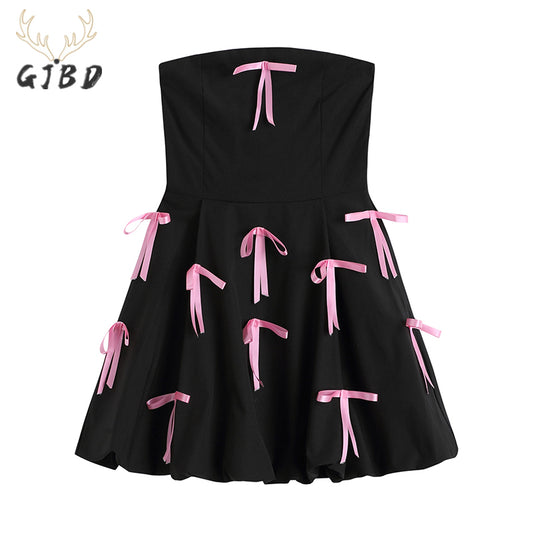 Women's Black Tube Top Dress French Bow Sleeveless Casual Vintage Fashion High Waist Sexy Ruffle Short Skirt Ladies Summer