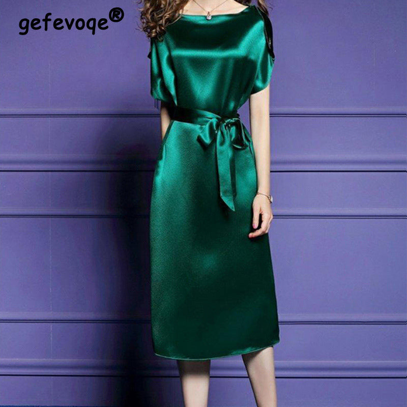 Satin Silk Vintage Elegant Temperament Lace-up Slim Fit Midi Dress Women New Summer Solid Party Dresses Vestidos Female Clothing