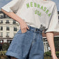 FTLZZ New Summer Women High Waist Button Wigh Leg Jeans Shorts Casual Female Loose Fit Blue Denim Shorts