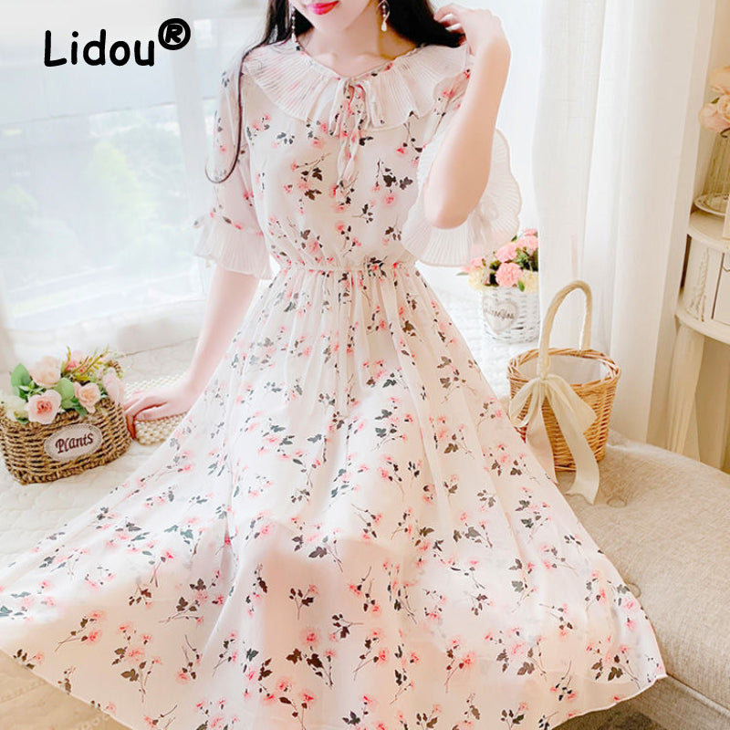 2022 Ruffled Peter Pan Collar Pink Floral Chiffon Dress Spring Summer Sweet Style Dress Korean Style Prairie Chic Casual Dress