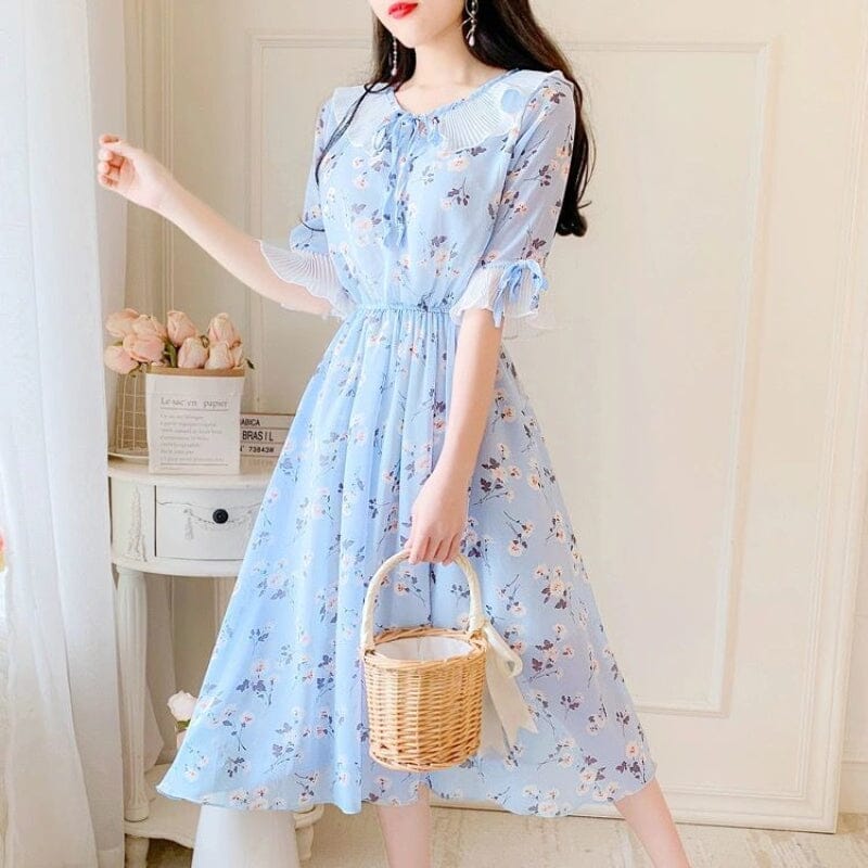 2022 Ruffled Peter Pan Collar Pink Floral Chiffon Dress Spring Summer Sweet Style Dress Korean Style Prairie Chic Casual Dress