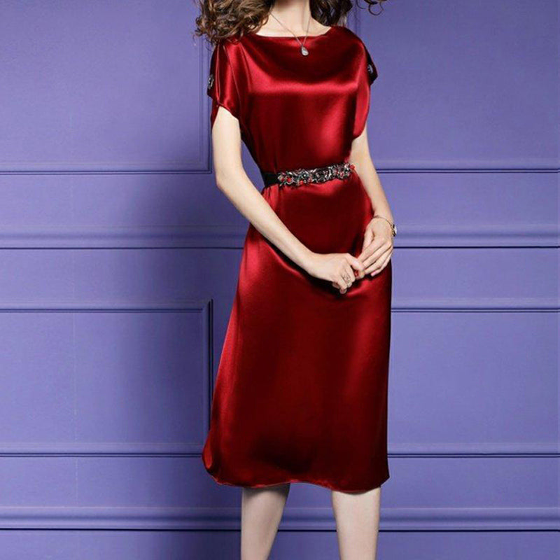 Satin Silk Vintage Elegant Temperament Lace-up Slim Fit Midi Dress Women New Summer Solid Party Dresses Vestidos Female Clothing