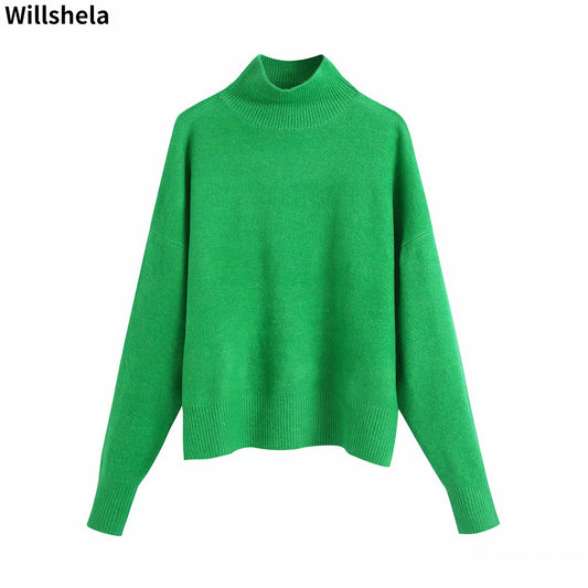 Willshela Women Fashion Solid Knit Sweater Top Long Sleeves High Neck Vintage Female Knitted Sweaters Pullover Chic Tops