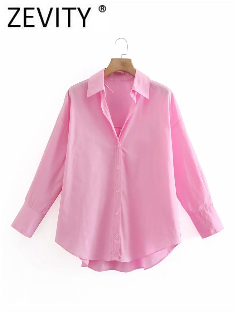 Zevity New Women Simply Candy COlor Single Breasted Poplin Shirts Office Lady Long Sleeve Blouse Roupas Chic Chemise Tops LS9114