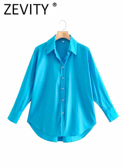 Zevity New Women Simply Candy COlor Single Breasted Poplin Shirts Office Lady Long Sleeve Blouse Roupas Chic Chemise Tops LS9114