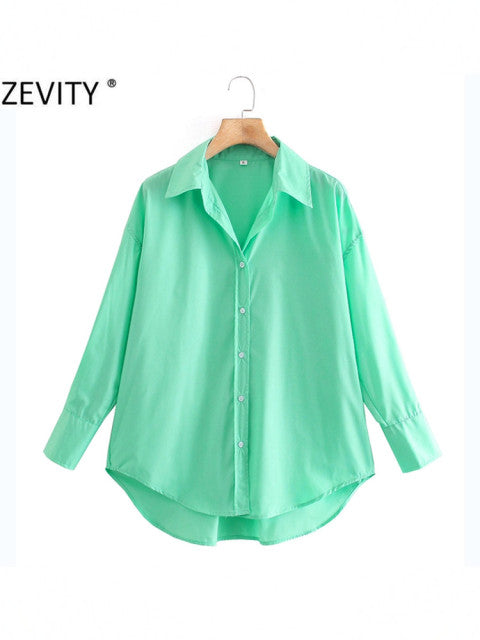 Zevity New Women Simply Candy COlor Single Breasted Poplin Shirts Office Lady Long Sleeve Blouse Roupas Chic Chemise Tops LS9114