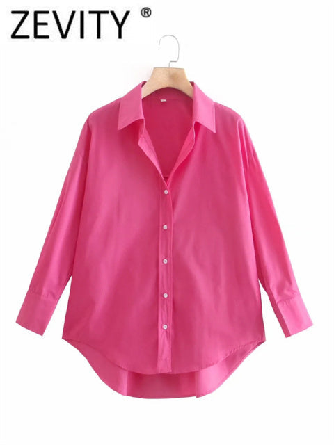 Zevity New Women Simply Candy COlor Single Breasted Poplin Shirts Office Lady Long Sleeve Blouse Roupas Chic Chemise Tops LS9114 from inkedbutterfly