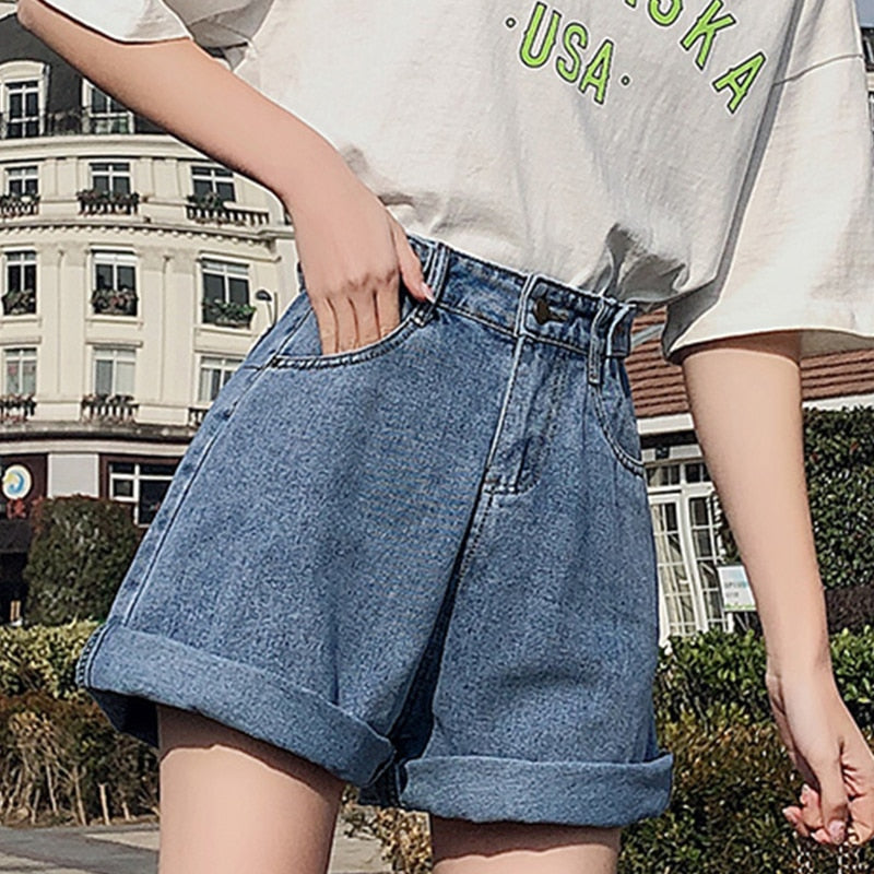 FTLZZ New Summer Women High Waist Button Wigh Leg Jeans Shorts Casual Female Loose Fit Blue Denim Shorts